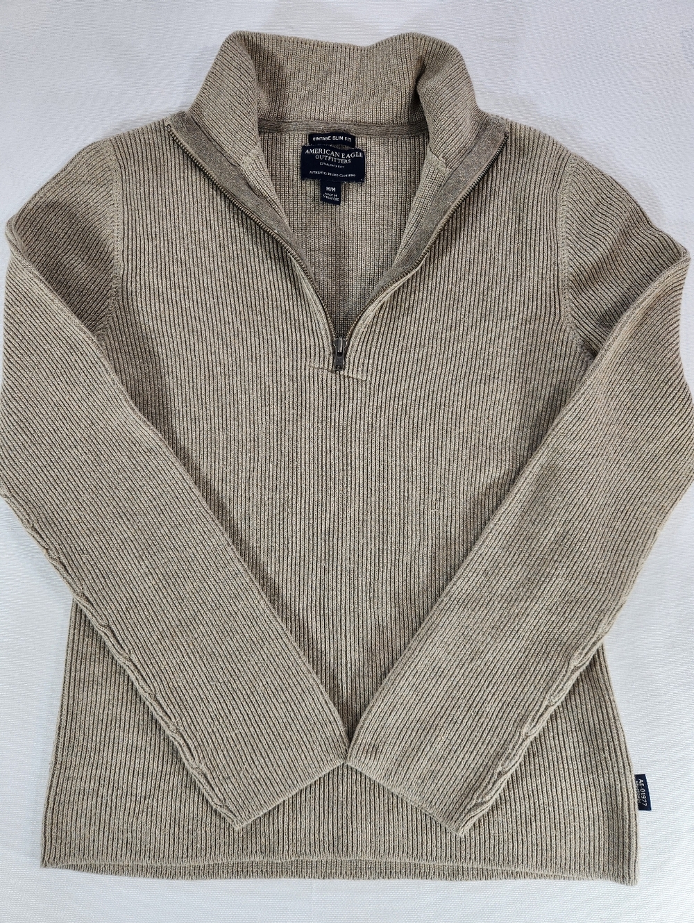 American Eagle Vintage Men's Medium Beige Ribbed Knit 1/4 Zip Pullover Sweater